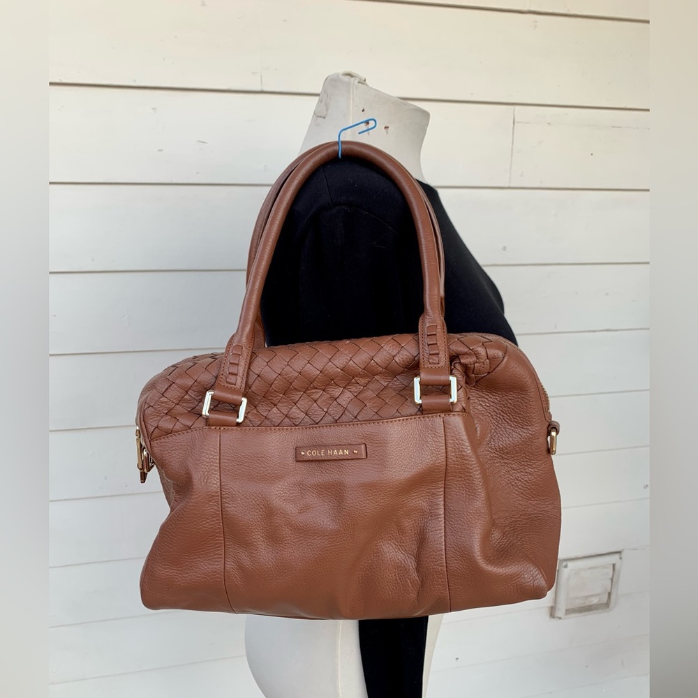 Cole Haan Buttery Leather Coñac Brown Bag Hobo Purse Woven Sam Shoulder Tan - Picture 1 of 5